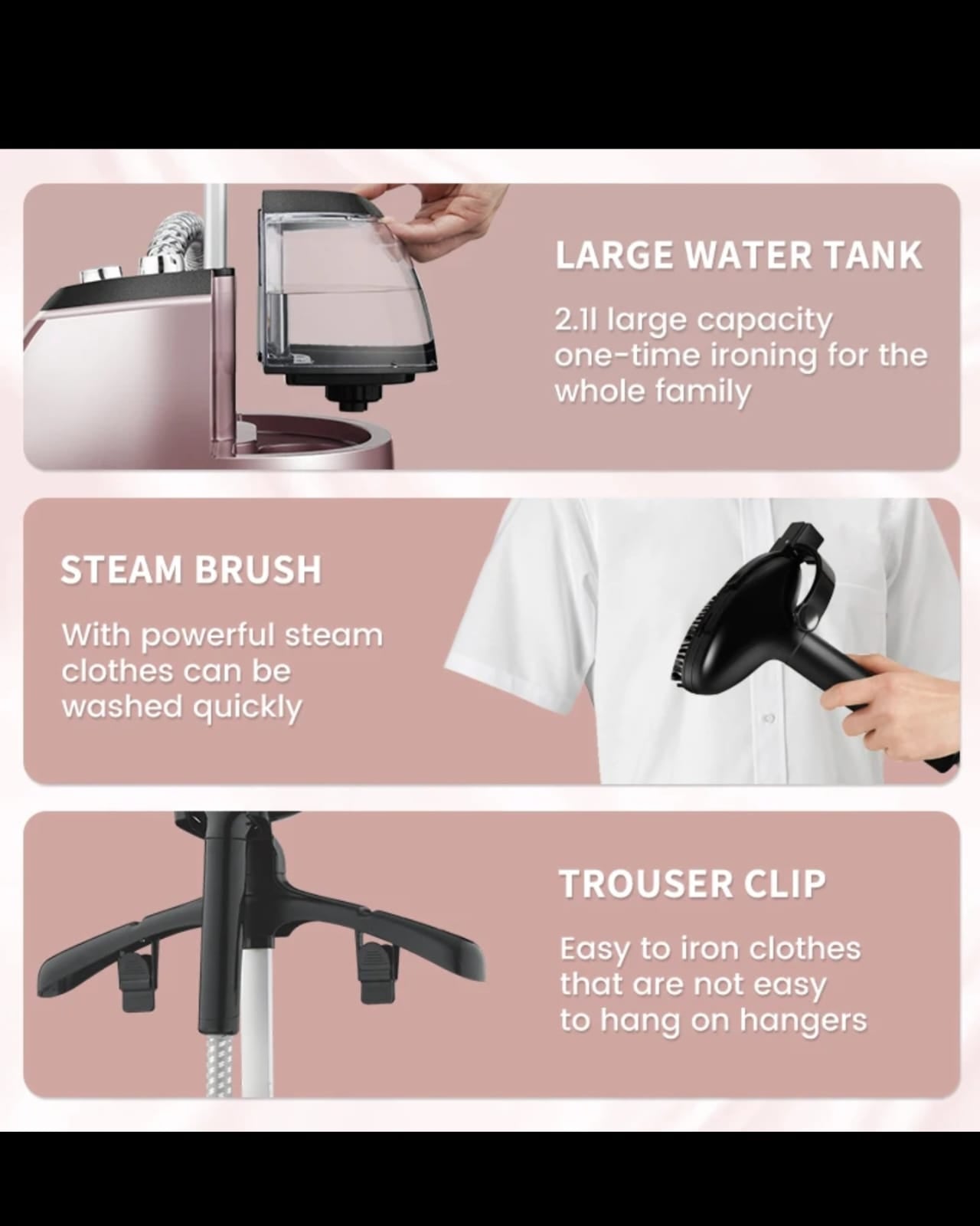 DSP Garment Steamer features - 2.1L water tank, steam brush, trouser clip