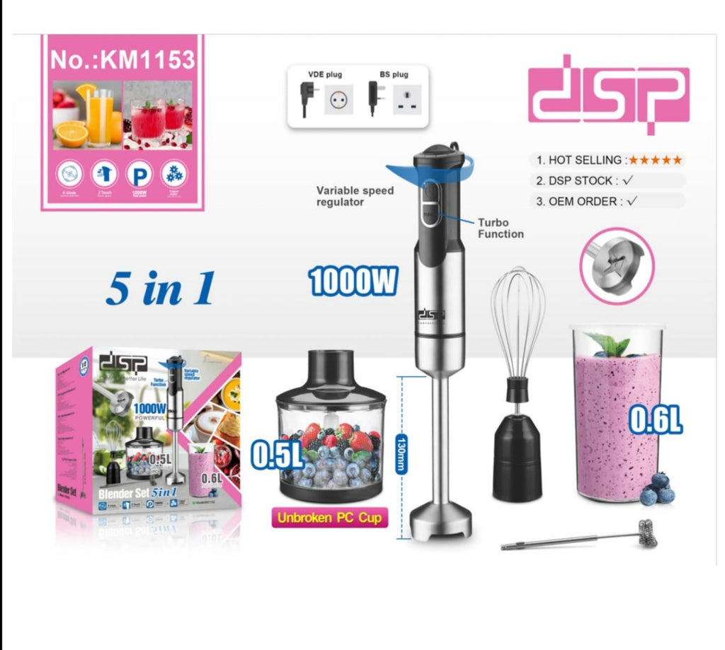DSP 5-in-1 Hand Blender Set KM1153 1000W with chopper, whisk, blending cup and milk frother accessories