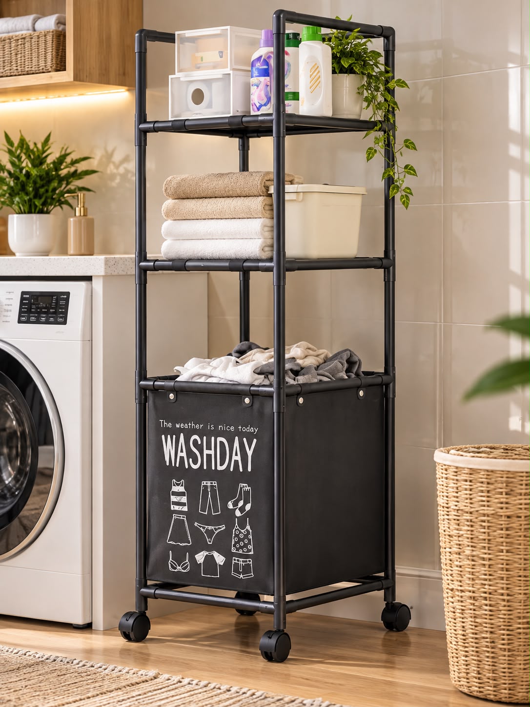 Black rolling home storage rack with shelves and a built-in laundry hamper beside a washing machine.
