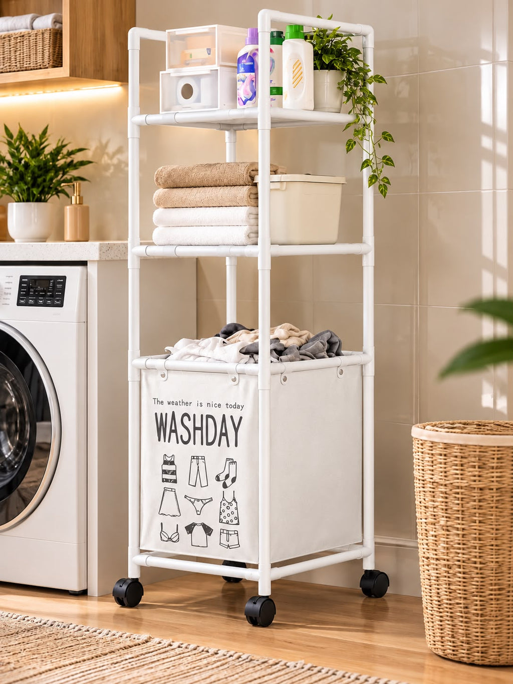 White rolling home storage rack with shelves and a built-in laundry hamper beside a washing machine.