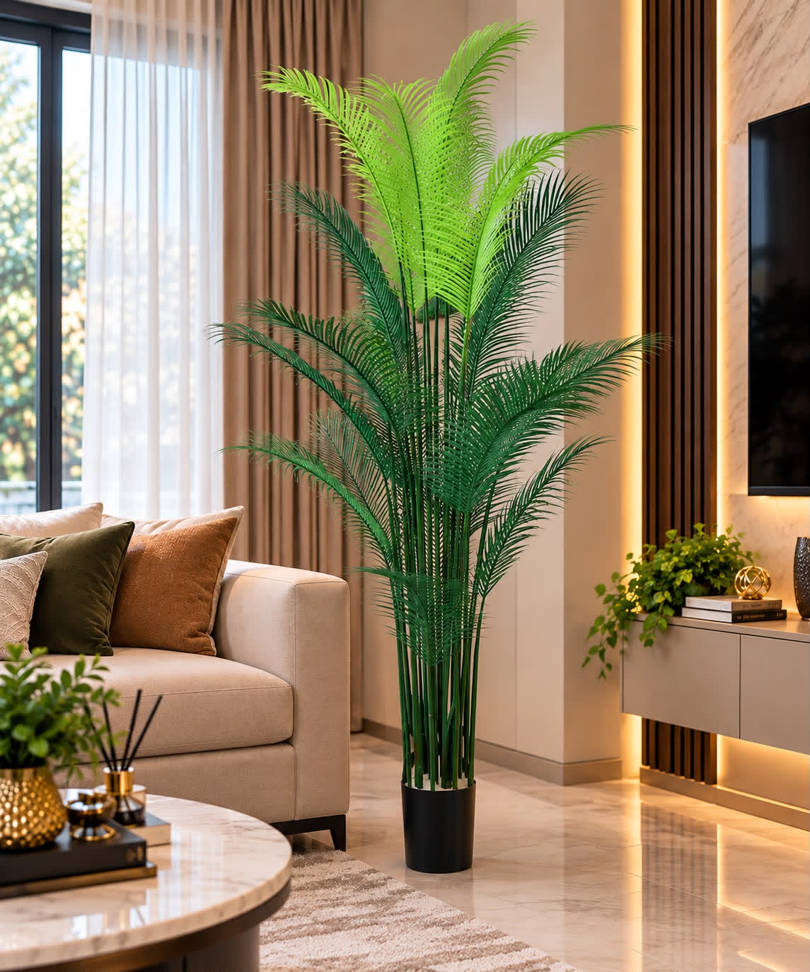 Artificial Areca Palm with layered green fronds in a black pot, displayed beside a sofa in a living room.