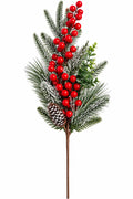 Frosted Christmas berry spray with bright red berries, snow-dusted pine branches, frosted greenery and a natural pinecone, 35cm