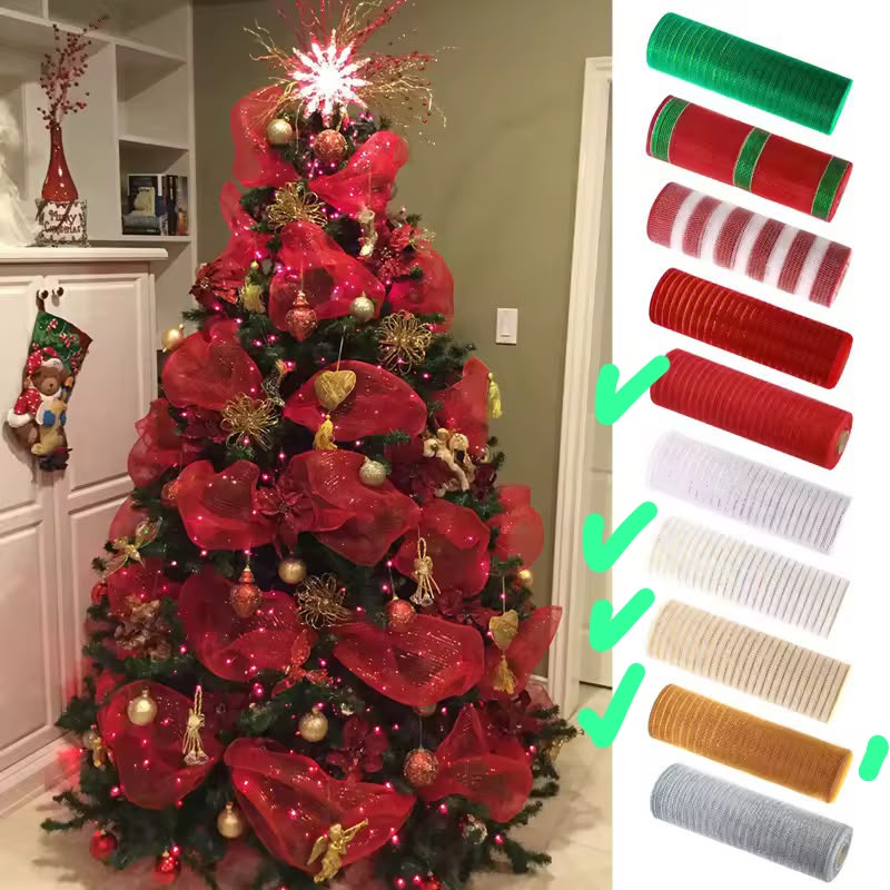 Christmas tree decorated with red deco mesh ribbon, shown with the available roll colours: red, white, cream, beige and gold