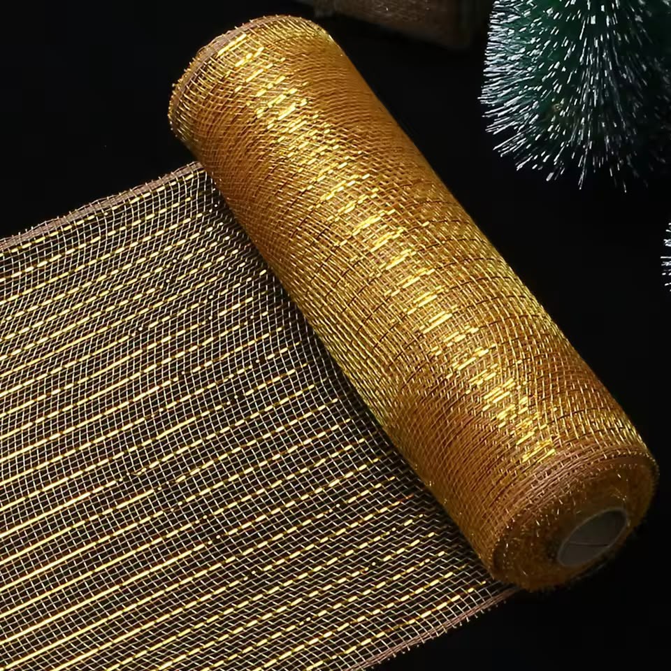 Gold Christmas deco mesh ribbon roll with metallic shimmer, 9.1m x 26cm tulle fabric