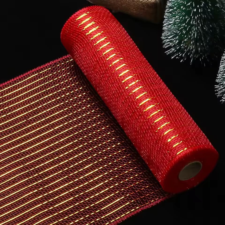 Red Christmas deco mesh ribbon roll with metallic shimmer, 9.1m x 26cm tulle fabric