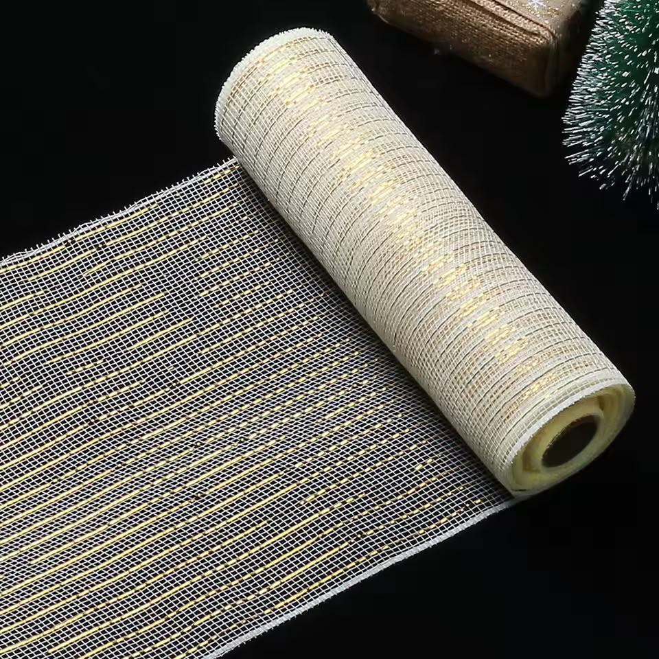 Cream white Christmas deco mesh ribbon roll with golden shimmer threads, 9.1m x 26cm tulle fabric