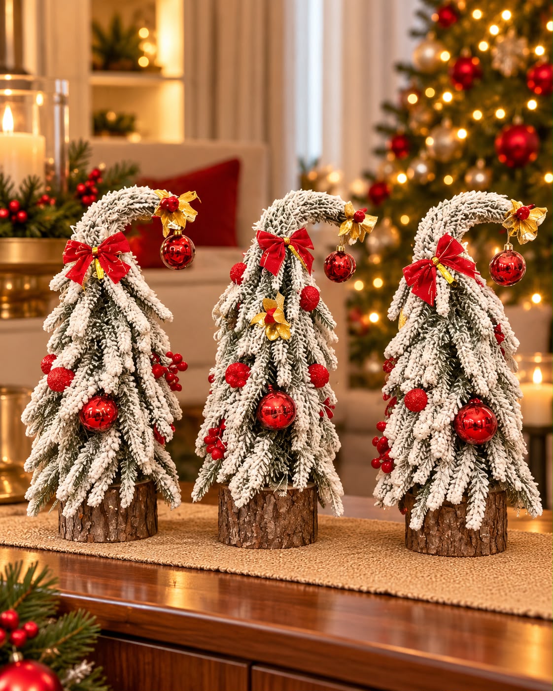 Three snow-dusted mini Christmas trees with curved tops, red baubles and bows, gold accents and rustic wooden bases; sold individually