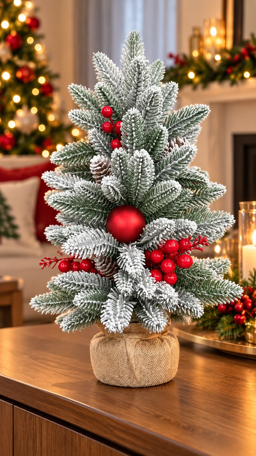 Snow-dusted mini Christmas tree with red berries, a red bauble and pine cones in a rustic fabric-wrapped base