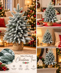 Undecorated snow-dusted mini Christmas tree with a rustic fabric-wrapped base, shown in tabletop displays