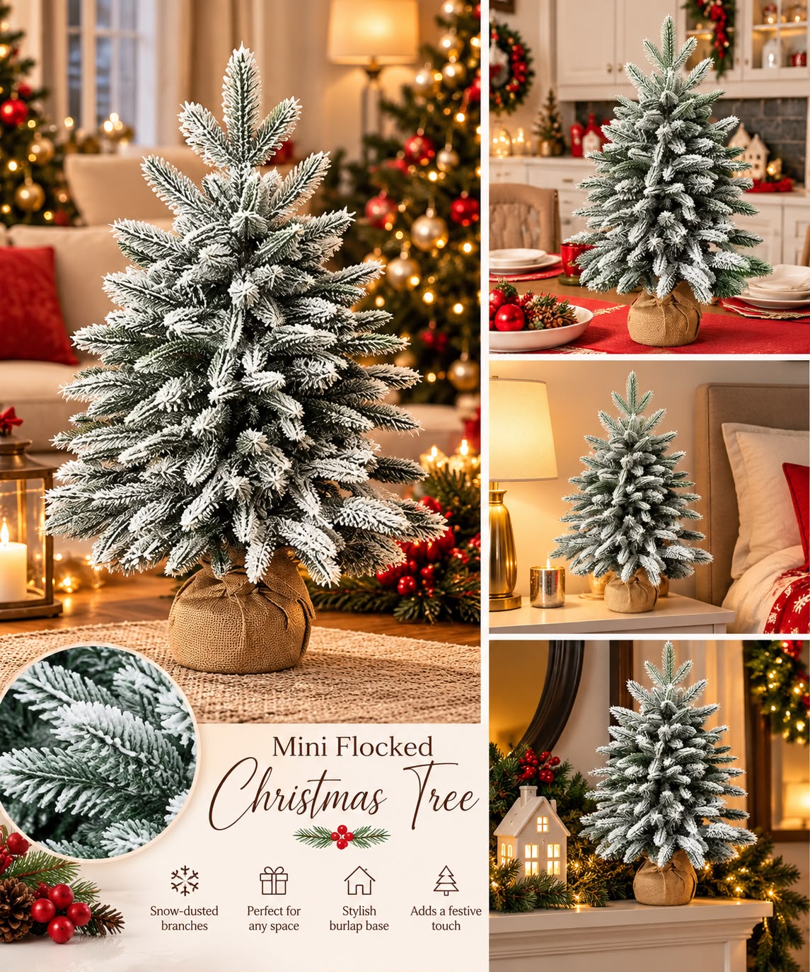 Undecorated snow-dusted mini Christmas tree with a rustic fabric-wrapped base, shown in tabletop displays