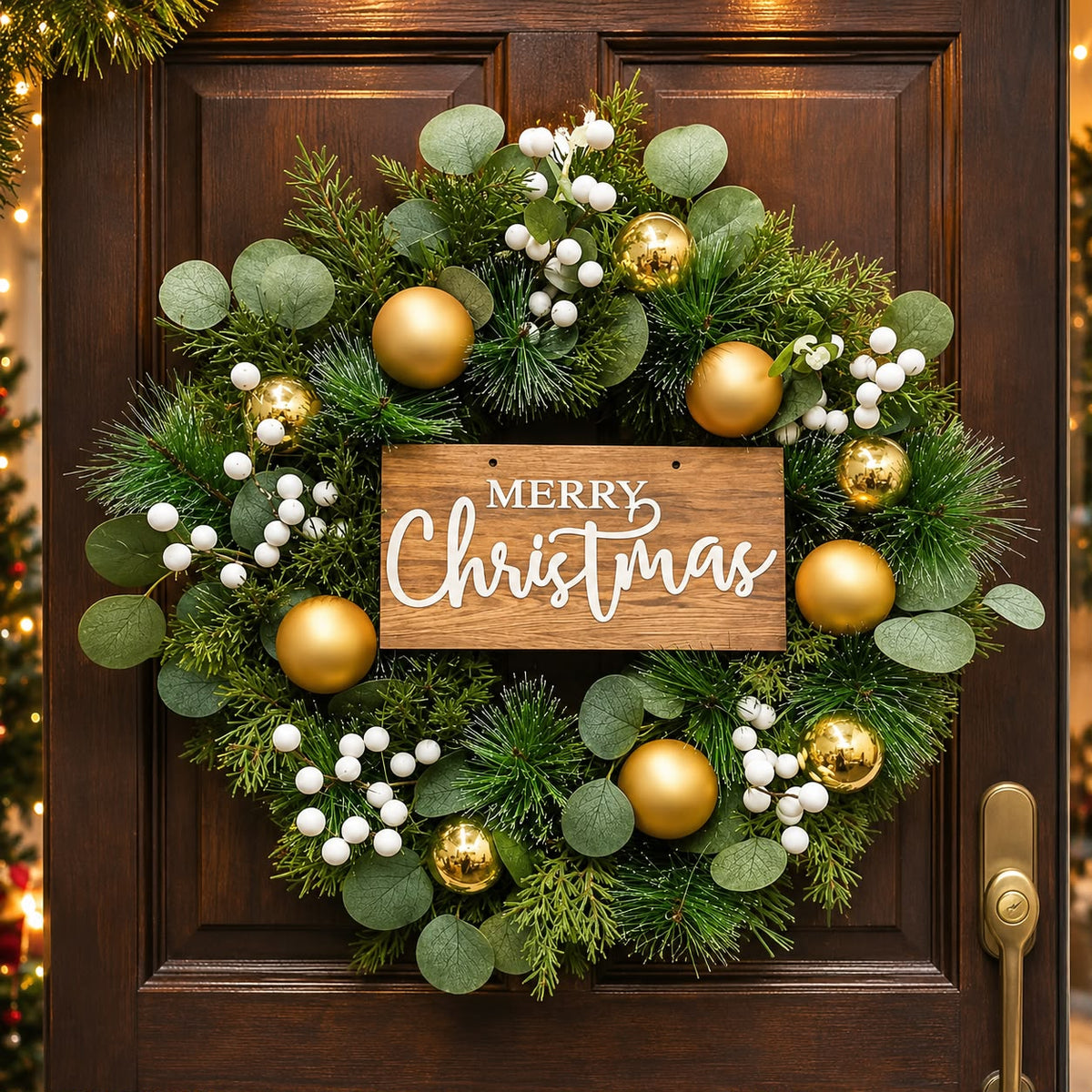 Christmas door wreath with green foliage, gold baubles, ivory berries and a wooden-look Merry Christmas sign
