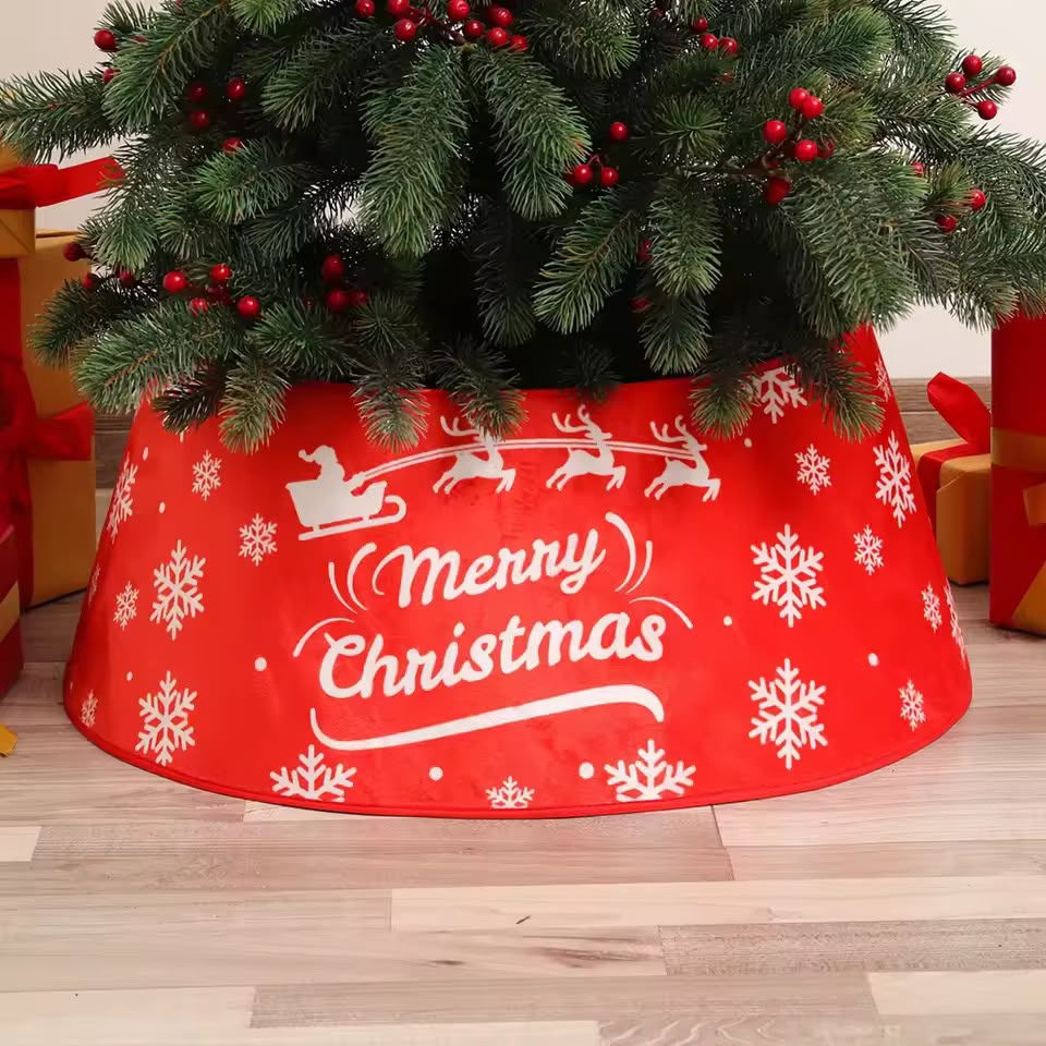 Red Christmas tree collar with white Merry Christmas lettering, Santa sleigh, reindeer and snowflakes