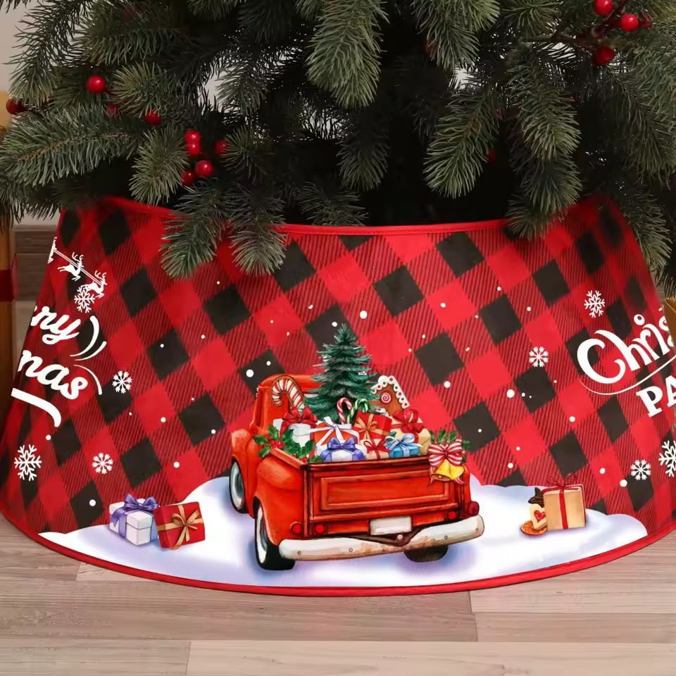 Red and black check Christmas tree collar with a festive pickup truck and gifts