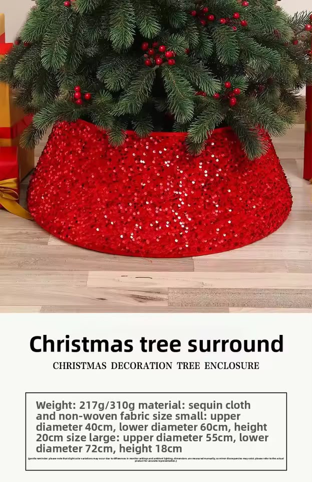 Sparkling red Christmas tree collar shown beneath a decorated tree, with supplier specification text