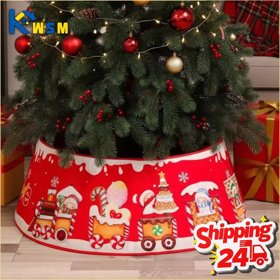 Red Christmas tree collar featuring a festive train and sweet-themed Christmas illustrations