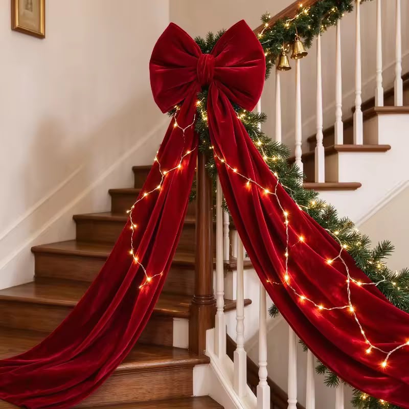 Red decorative bow with long ribbons styled on a staircase with garland and string lights