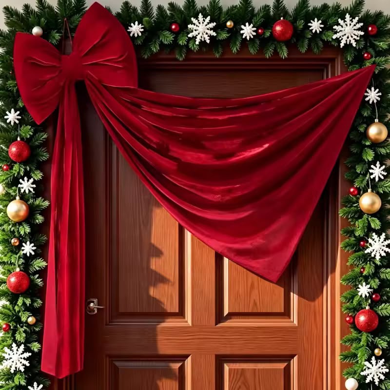 Oversized red bow and draped fabric styled above a doorway with Christmas garland