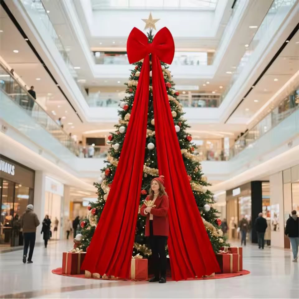 Large red bow with long ribbons styled on a Christmas tree in a shopping centre
