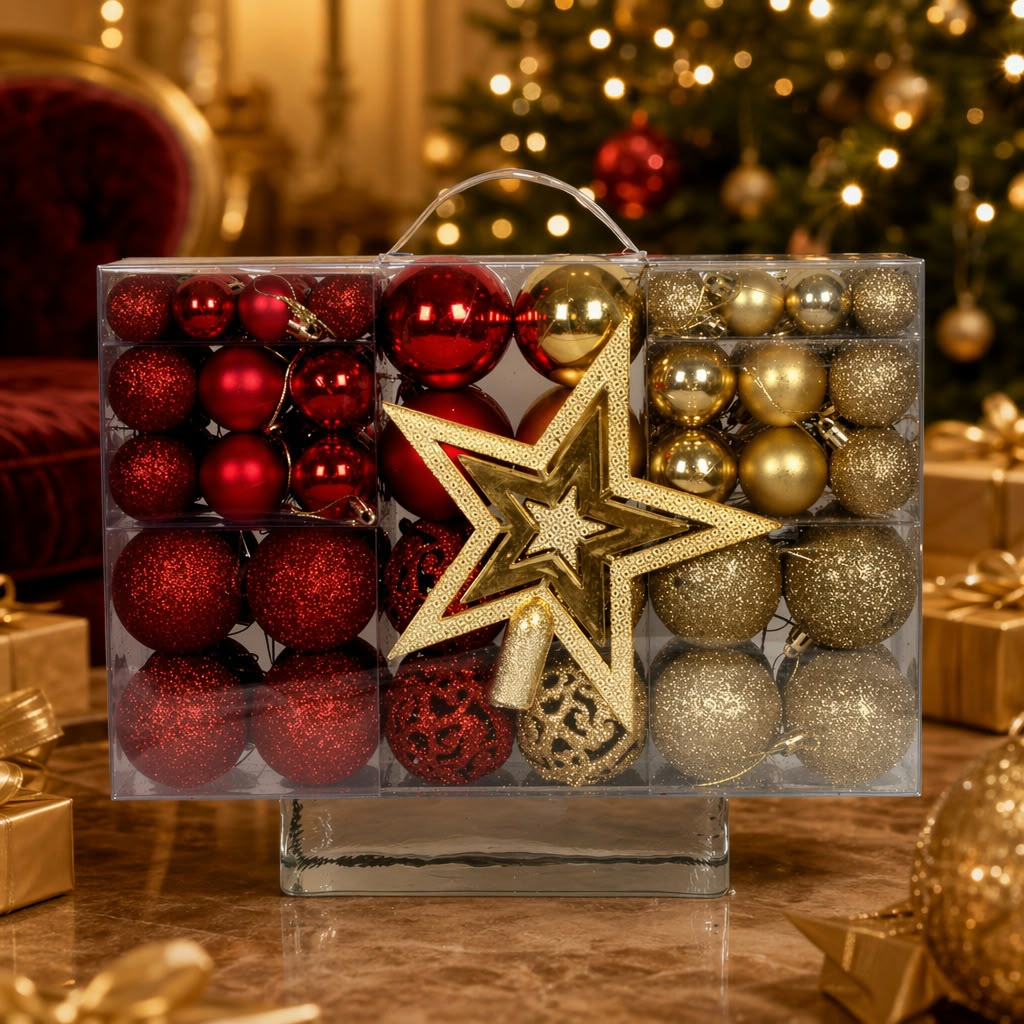 101-piece red and gold Christmas bauble set with a gold star tree topper in a clear carry box beside a lit Christmas tree