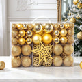 101-piece gold Christmas bauble set with matte, shiny and glitter ornaments and a gold star tree topper in a clear carry box