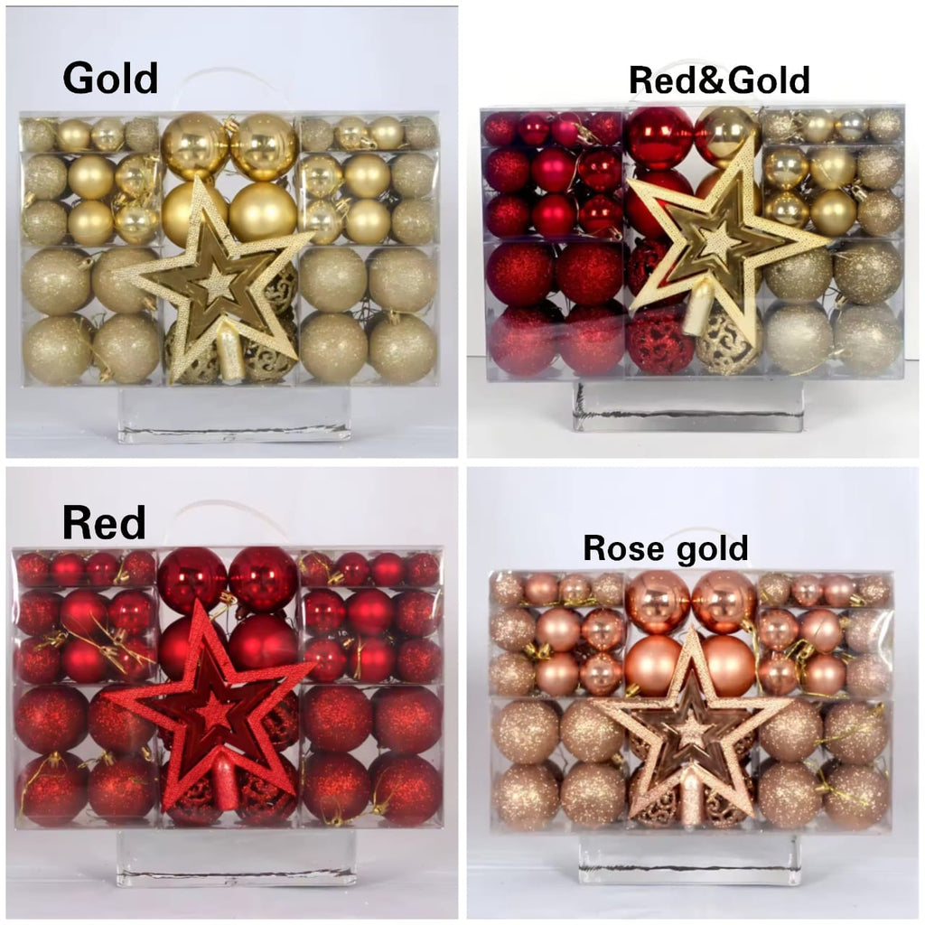 All four colour options of the 101-piece Christmas decor balls set: Gold, Red & Gold, Red and Rose Gold