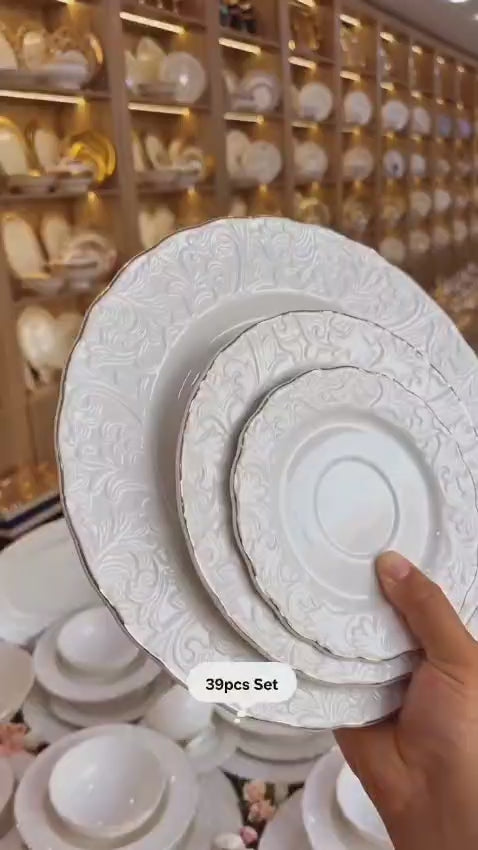 39pcs White Porcelain Embossed Ceramic Dinner Set with Gold Rim – Elegant Nordic Tableware
