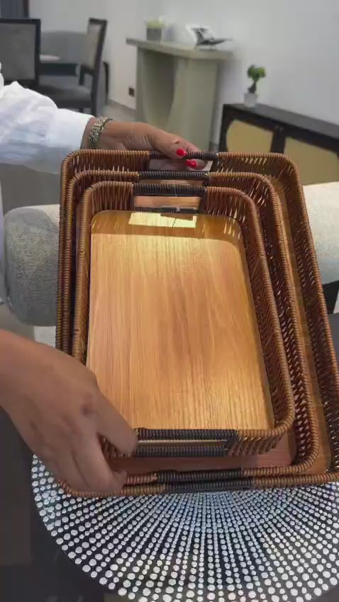 Multi-Functional Hand-Woven Rattan Bamboo Serving Tray Set – Square