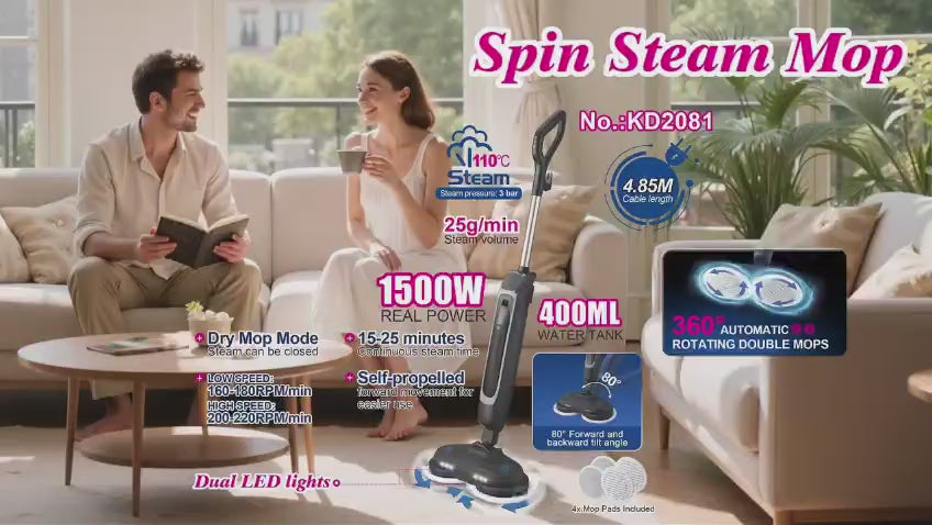 DSP Spin Steam Mop 1500W | 360° Auto Rotating Double Mops | Dual LED | 4.85M Cable